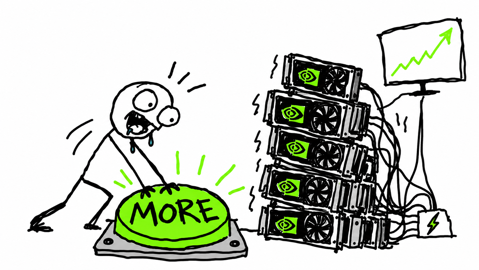 MORE button feeding five GPUs and a rising chart