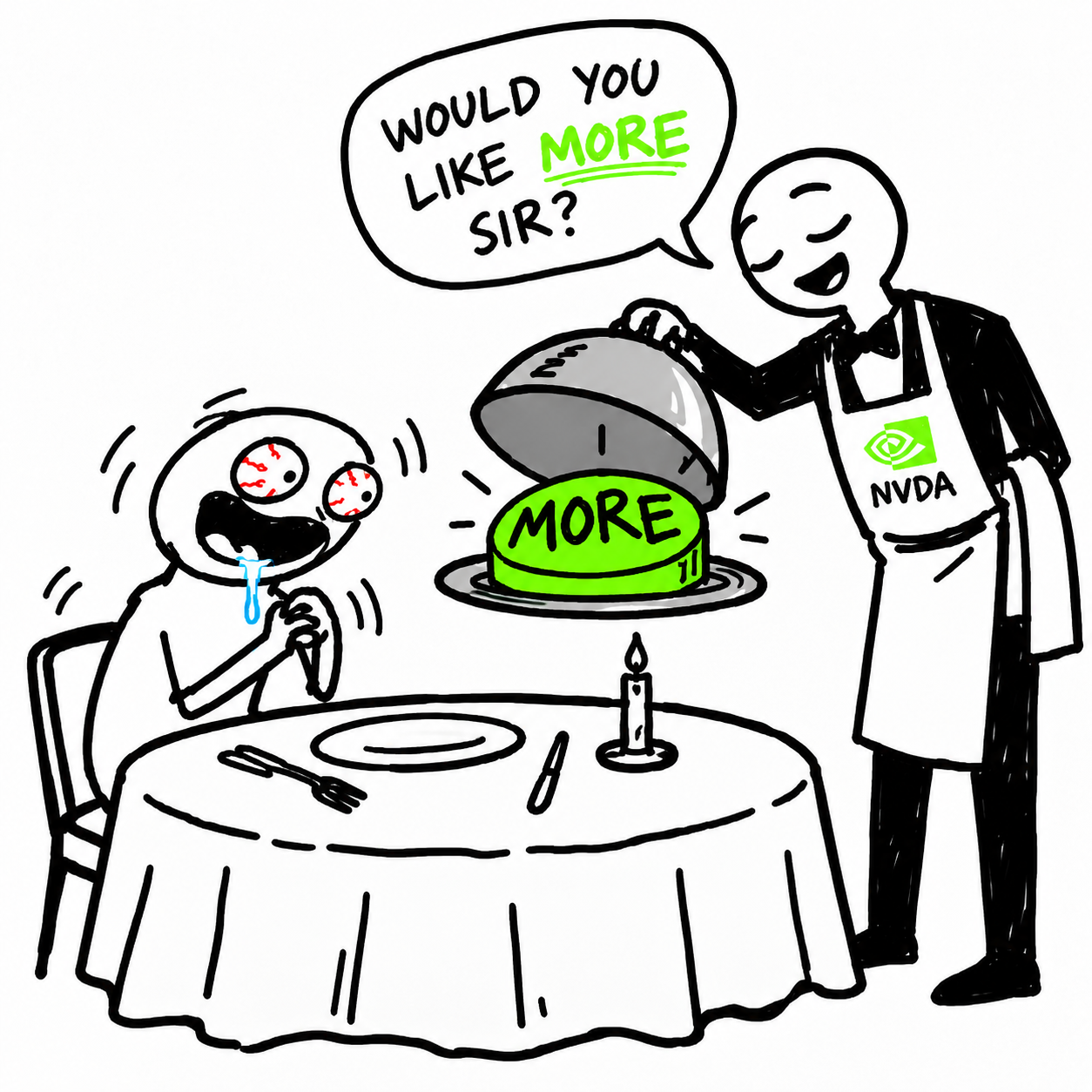 Waiter serves the MORE button to a hungry customer